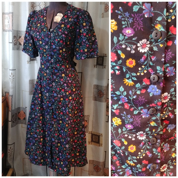 Authentic Original Vintage Style Dresses & Skirts - Vintage Black Floral Double Trouble dress S/M